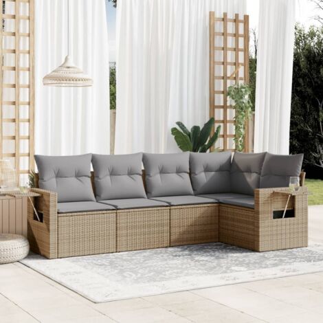 Gartenmöbelset mit Kissen 5-tlg. beige, geflochtene Kunstharz