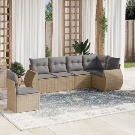 Gartenmöbelset mit Kissen 6 Stück beige geflochtenes Kunstharz