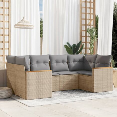 Gartenmöbelset mit Kissen 6 Stück Beige-Mischung Geflochtene Rattan