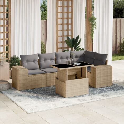 Gartenmöbelset mit Kissen 6 Teile Beige Geflecht