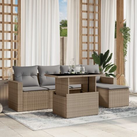 Gartenmöbelset mit Kissen 6 Teile beige Geflecht