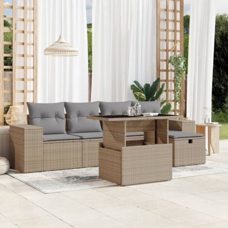 Gartenmöbelset mit Kissen 6 Teile beige Geflecht