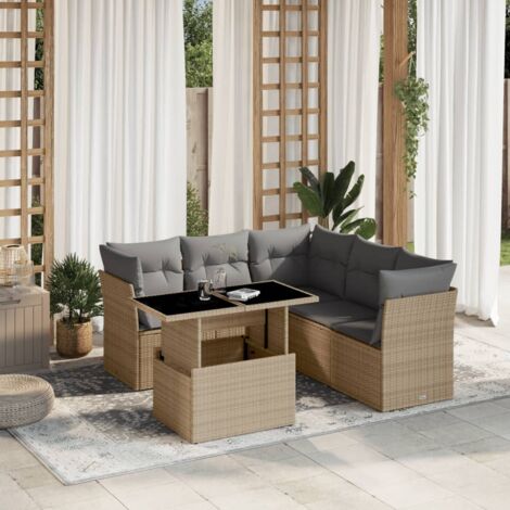 Gartenmöbelset mit Kissen 6 Teile Beige Geflochtene Kunstfaser