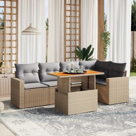 Gartenmöbelset mit Kissen 6 Teile beige geflochtene Kunstoff