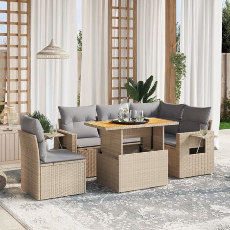 Gartenmöbelset mit Kissen 6 Teile beige geflochtene Kunststoffe
