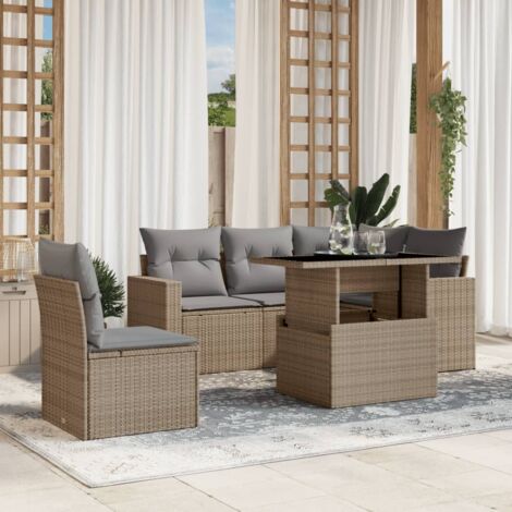 Gartenmöbelset mit Kissen 6 Teile beige geflochtene Rattan