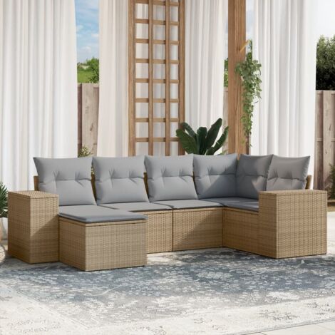Gartenmöbelset mit Kissen 6 Teile Beige Rattan