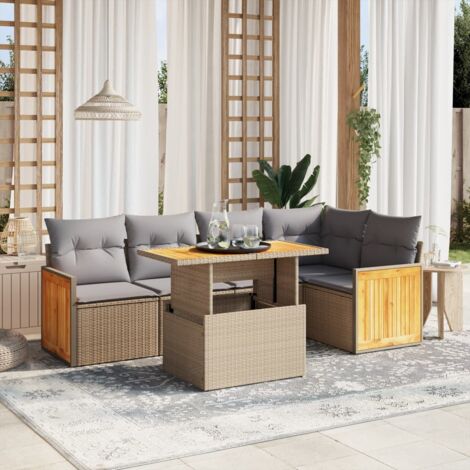 Gartenmöbelset mit Kissen 6 Teile Beige Rattan