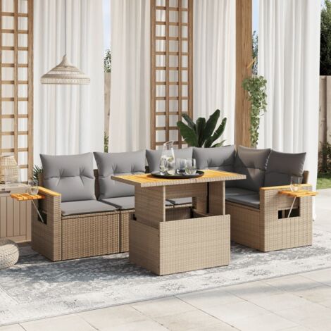 Gartenmöbelset mit Kissen 6 Teile beige Rattan