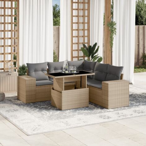 Gartenmöbelset mit Kissen 6 Teile Beige Rattan