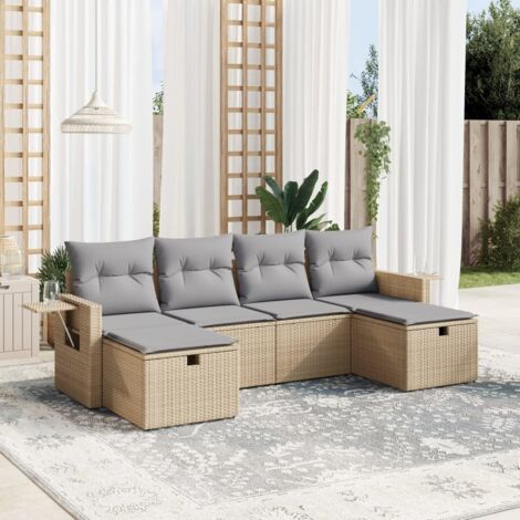 Gartenmöbelset mit Kissen 6 Teile Mischung Beige aus Geflecht