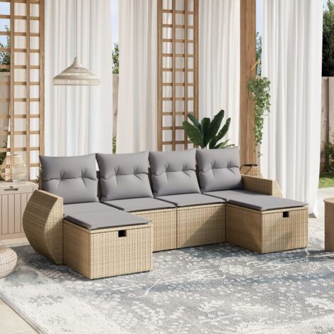Gartenmöbelset mit Kissen 6 Teile Rattanmix Beige