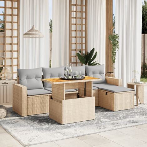 Gartenmöbelset mit Kissen 6-teilig beige geflochtene Kunstharz