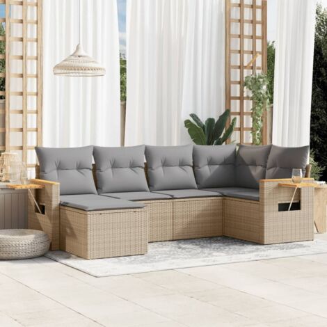 Gartenmöbelset mit Kissen 6 Teilig Beige Geflochtene Kunstharz