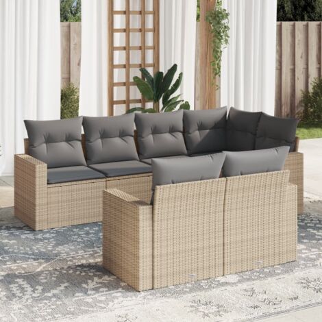 Gartenmöbelset mit Kissen 7 Stück Beige Rattangeflecht