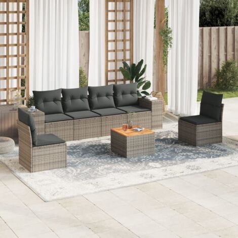 Gartenmöbelset mit Kissen 7 Stück Grau Rattan