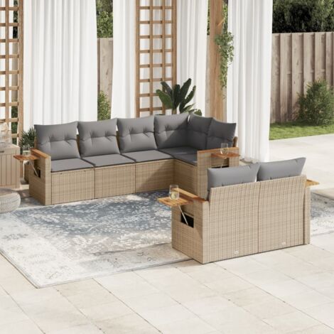 Gartenmöbelset mit Kissen 7 Teile beige Flecht-Polyester