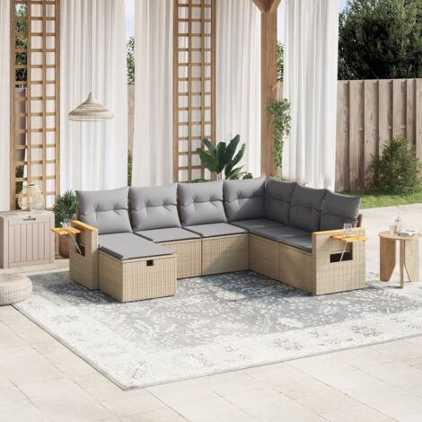 Gartenmöbelset mit Kissen 7 Teile Beige Geflecht