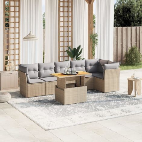 Gartenmöbelset mit Kissen 7 Teile beige geflochtene Harz