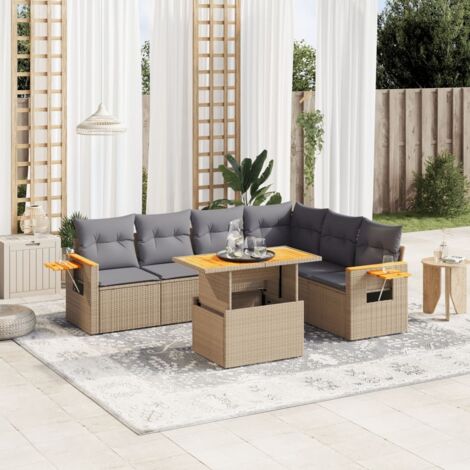 Gartenmöbelset mit Kissen 7 Teile Beige Geflochtene Kunstfaser