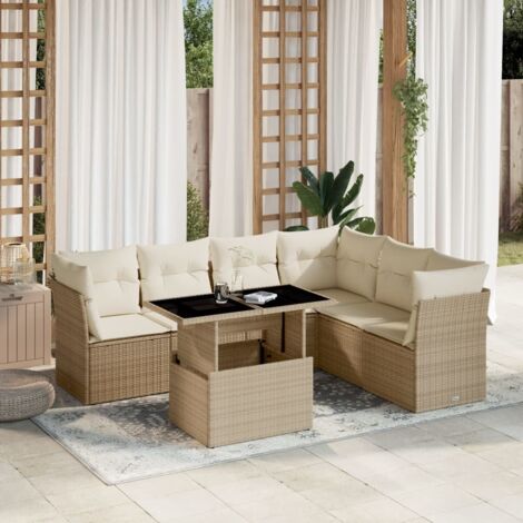 Gartenmöbelset mit Kissen 7 Teile beige geflochtene Kunstfaser