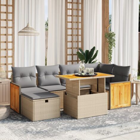 Gartenmöbelset mit Kissen 7 Teile beige geflochtene Kunstfaser