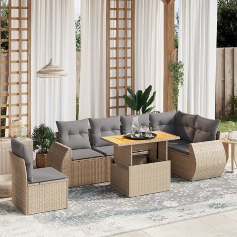 GartenmöbelSet mit Kissen 7 Teile beige geflochtene Kunstharz