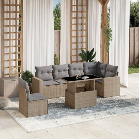 Gartenmöbelset mit Kissen 7 Teile beige geflochtene Kunstoff