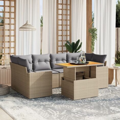 Gartenmöbelset mit Kissen 7 Teile beige geflochtener Kunststoff