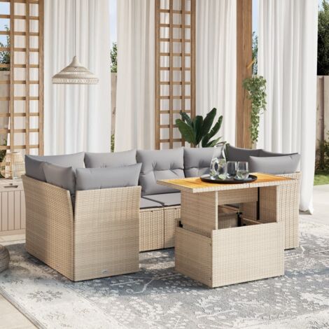 Gartenmöbelset mit Kissen 7 Teile Beige geflochtenes Harz