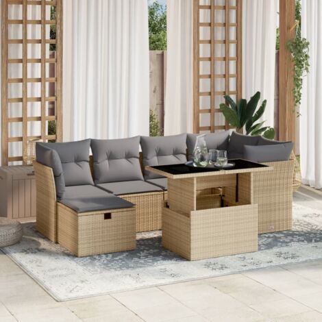 Gartenmöbelset mit Kissen 7 Teile beige geflochtenes Harz