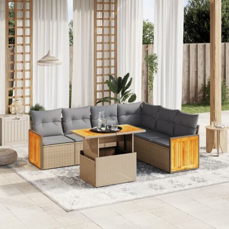 Gartenmöbelset mit Kissen 7 Teile beige geflochtenes Kunststoff