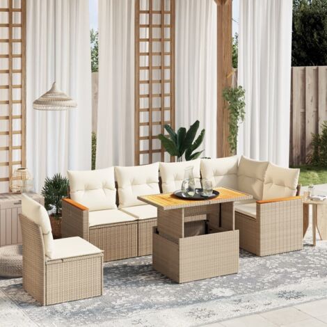 Gartenmöbelset mit Kissen 7 Teile beige geflochtenes Resin
