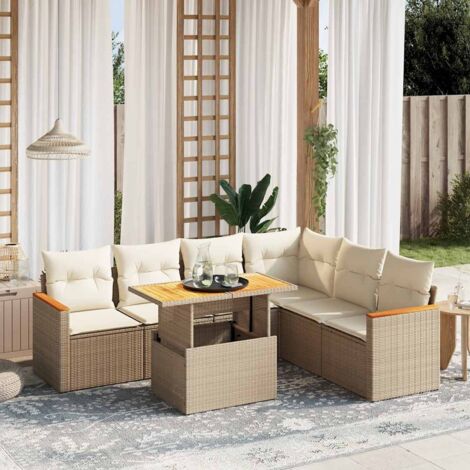 Gartenmöbelset mit Kissen 7 Teile beige Rattan