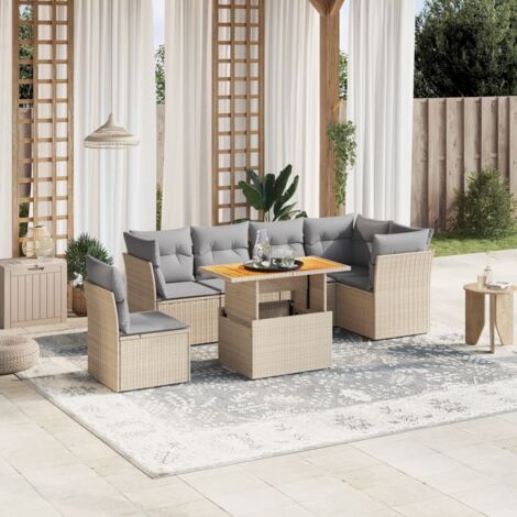 Gartenmöbelset mit Kissen 7 Teile beige Rattan