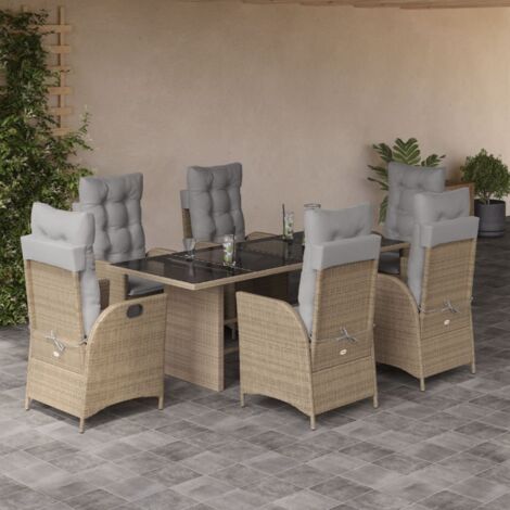 Gartenmöbelset mit Kissen 7 Teile Beige Rattan-Mix