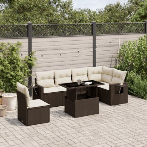 Gartenmöbelset mit Kissen 7 Teile braun geflochtene Kunstfaser