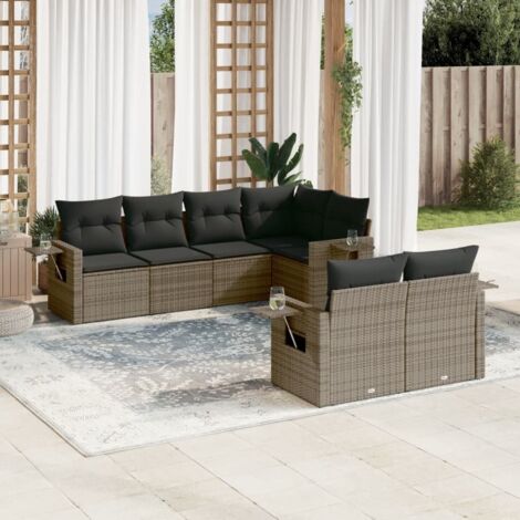 Gartenmöbelset mit Kissen 7 Teile grau Geflecht