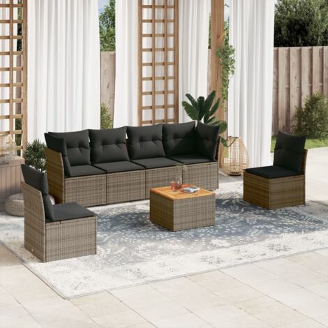 Gartenmöbelset mit Kissen 7 Teile grau geflochtene Kunststoffe