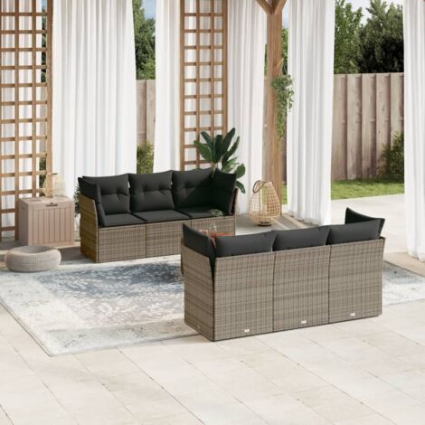 Gartenmöbelset mit Kissen 7 Teile grau geflochtene Rattan