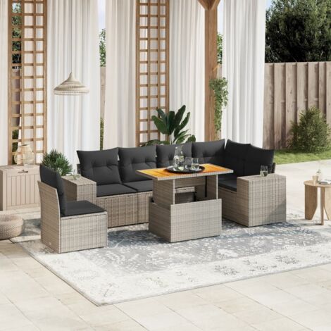 Gartenmöbelset mit Kissen 7 Teile grau Rattan