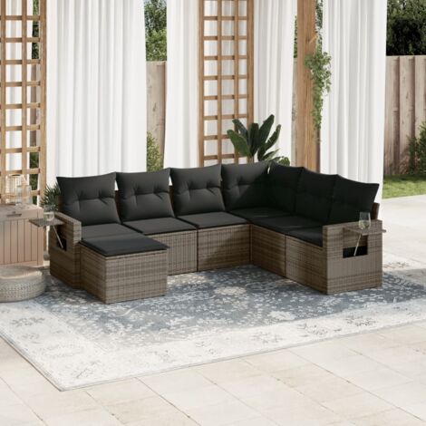 Gartenmöbelset mit Kissen 7 Teile grau Rattan