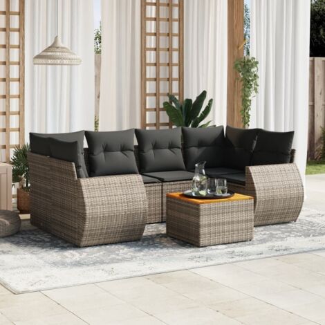 Gartenmöbelset mit Kissen 7 Teile grau Rattan