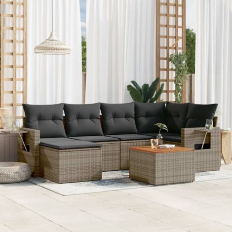 Gartenmöbelset mit Kissen 7 Teile graue Rattan