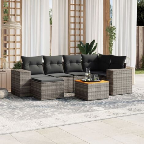 Gartenmöbelset mit Kissen 7 Teile graues Geflecht
