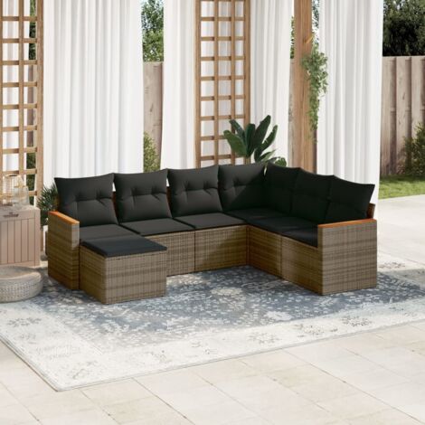 Gartenmöbelset mit Kissen 7 Teile graues Rattan