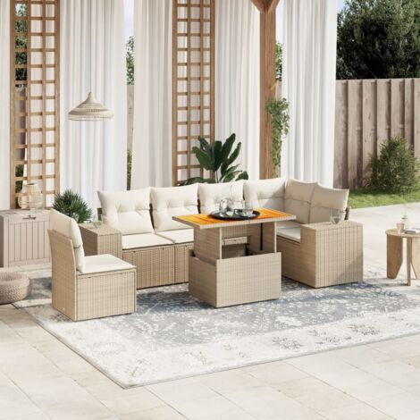 Gartenmöbelset mit Kissen 7 Teilig Beige Geflecht
