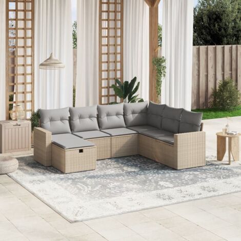 Gartenmöbelset mit Kissen 7-teilig, beige, geflochten