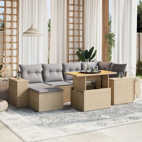 Gartenmöbelset mit Kissen 7 Teilig Beige Geflochtene Kunstfaser