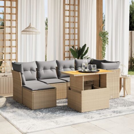 Gartenmöbelset mit Kissen 7-teilig beige geflochtene Kunstharz